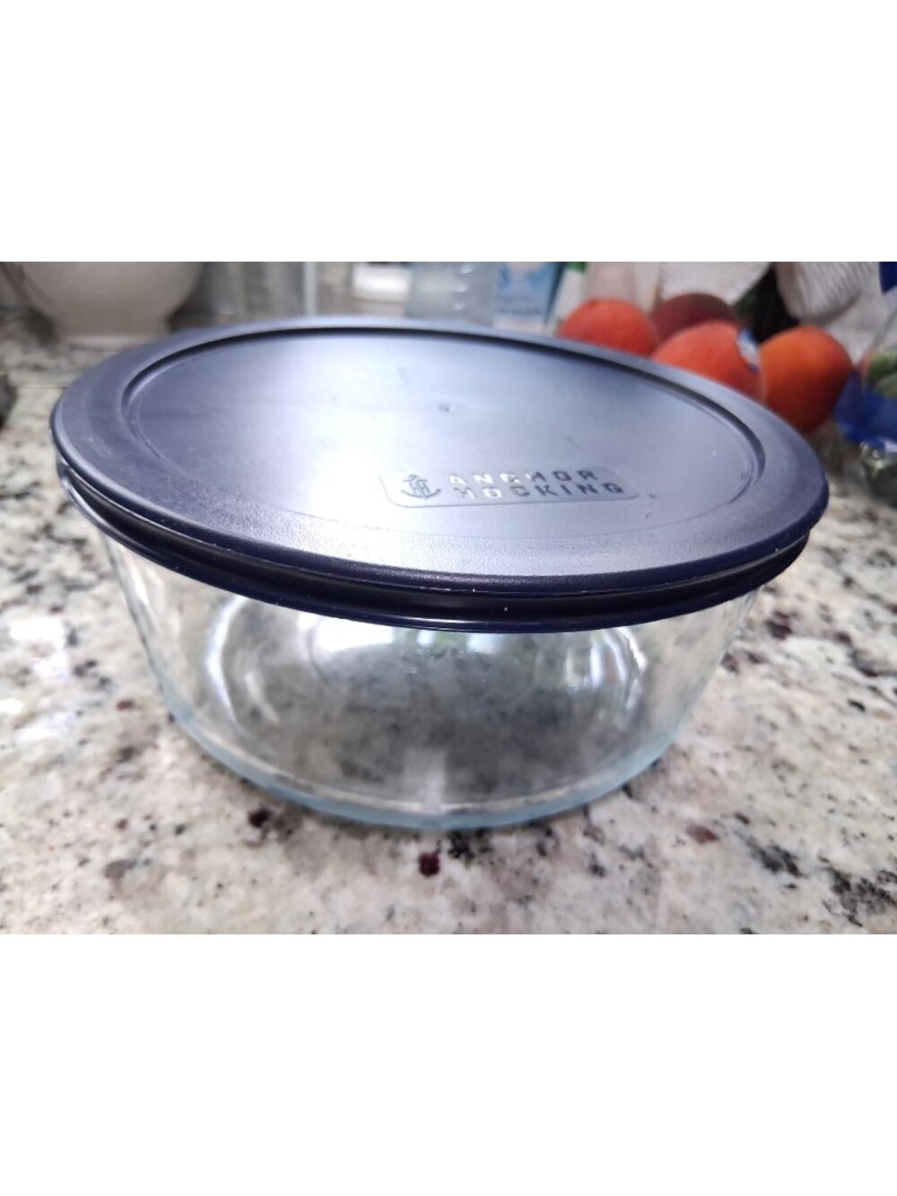 Anchor Hocking Clear Round Glass Bowl with Blue Rubber Lid 7 Cups 1.75 QT